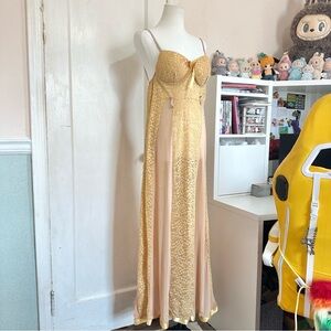Vintage gold yellow lace sheer nightgown maxi slip dress romantic lingerie